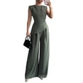 thumbnail image 5 of Stichou Womens Summer 2 Piece Outfit Set Dressy Casual Sleeveless Tank Tops Crew Neck Wide Long Leg Pants with Pockets Green S, 5 of 8