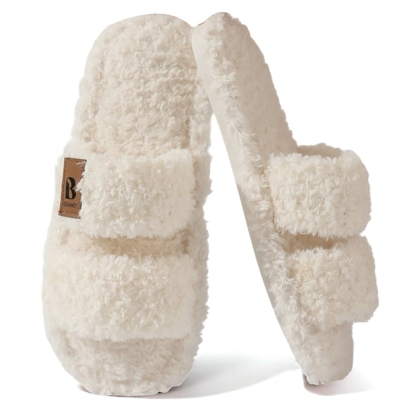 BERANMEY Womens Fuzzy Open Toe Slippers Faux Fur Slippers with Memory Foam House Shoes Lightweight for Indoor Outdoor & Home Use