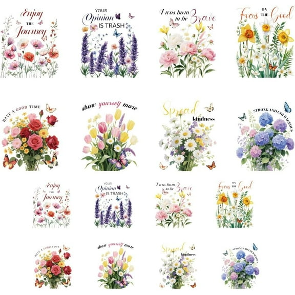 16 Sheets Iron on Transfers for T-Shirts Flowers and Butterflies DTF Transfers Ready to Press Washable Iron on Decals for Women Girls Clothing Hat Bag Pillow DIY Crafts DIY