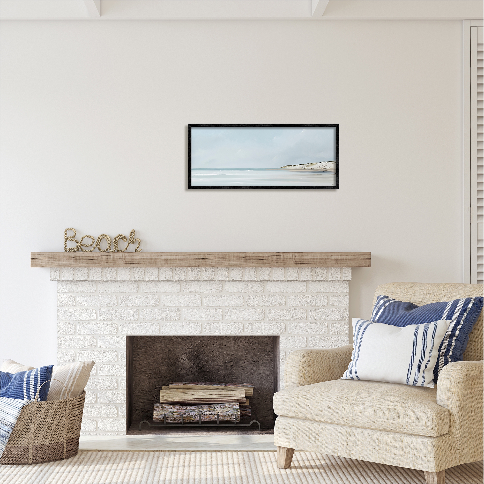 Stupell Industries Soft Blue Beach Landscape Landscape Painting Black Framed Art Print Wall Art, 30 x 13