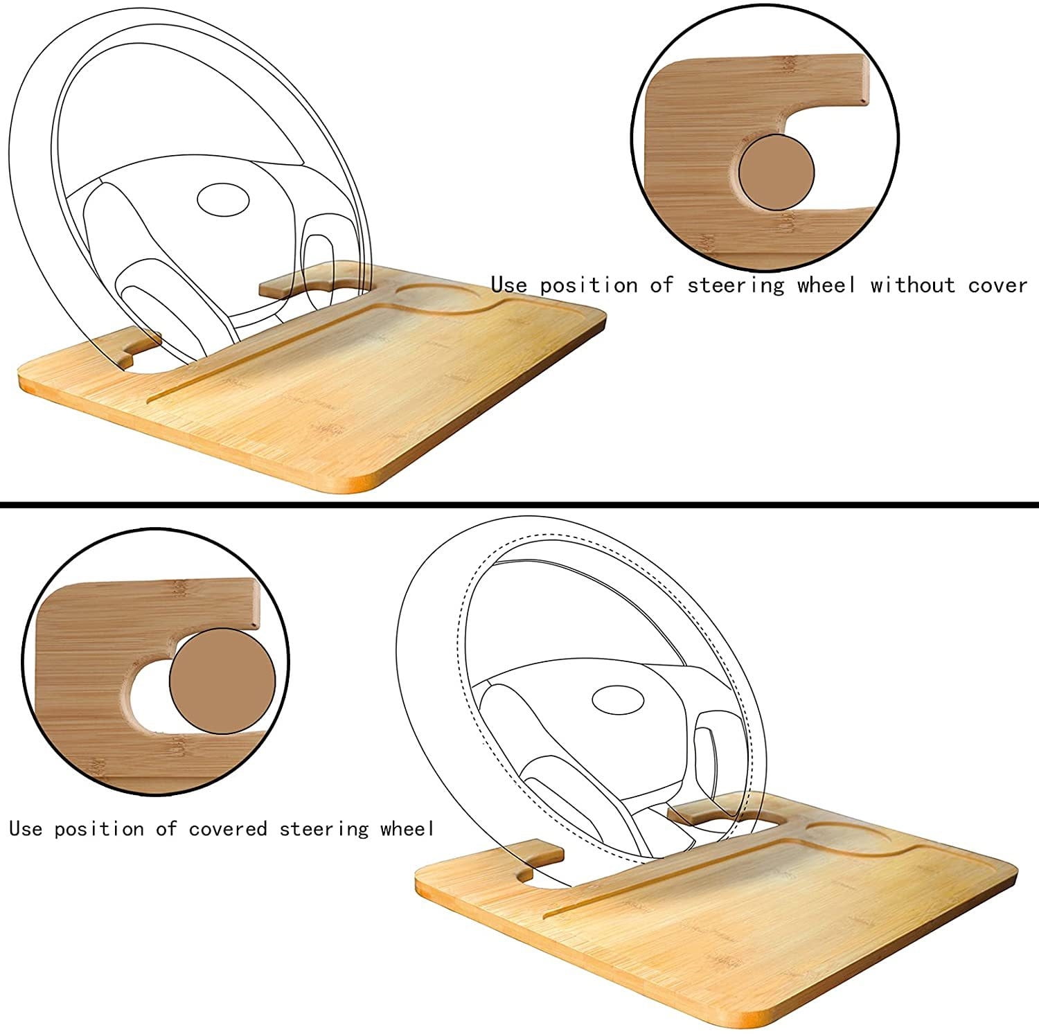 XZKING 2 in 1 Car Steering Wheel Desk, Bamboo Double-Sided Steering Wheel Tray for SUV or Truck, Car Food Tray, Car Desk for Laptop Mount
