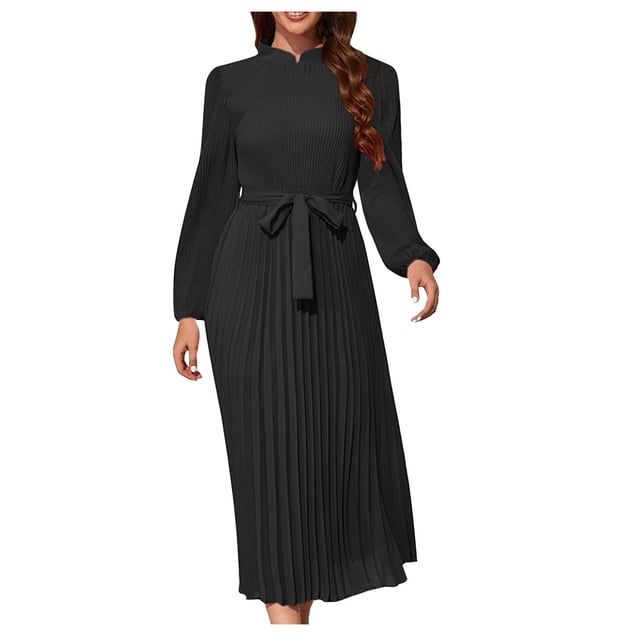 Yuyuzo Women Boho Dresses Long Sleeve Ruched Ruffle Flowy Hem Midi Dress Solid Color High Neck Belted Waist