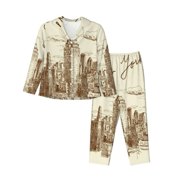 Fuzoiu New York Print Women's Long-Sleeved Pajama,Lounge Button Down Nightwear,Womens Notch Collar Pajama Set-Small