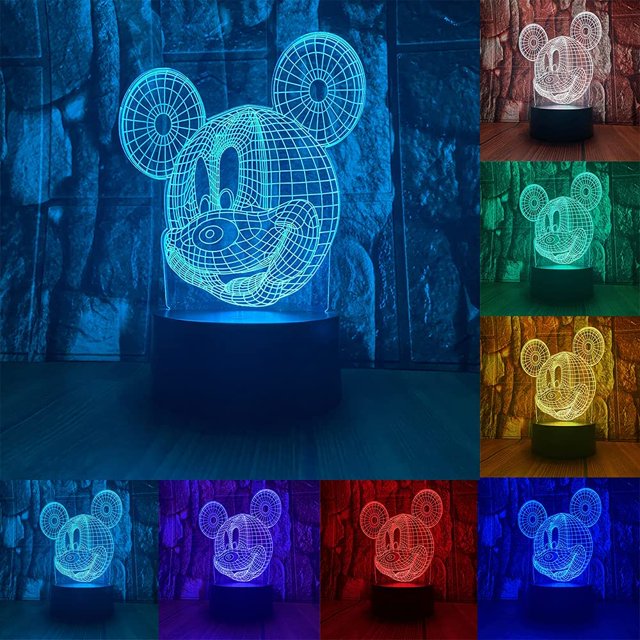 Anime Character Figure Cartoon Mickey Mouse Head 3D LED Optical Illusion Decoration Table Lamp 16 Colors Remote Control Acrylic Visual Night Light Easter Xmas Birthday Gifts for boys girls
