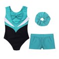 thumbnail image 4 of TiaoBug Kids Girls Gymnastics Leotards Sleeveless Bodysuit Tumbling Shorts Hair Tie Dance Unitards Blue Green 8, 4 of 5