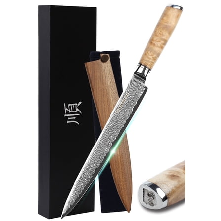YOUSUNLONG 10-Inch Sashimi Knife, Japanese Damascus Steel Kitchen Knife with Burl Wood Handle and Walnut Sheath