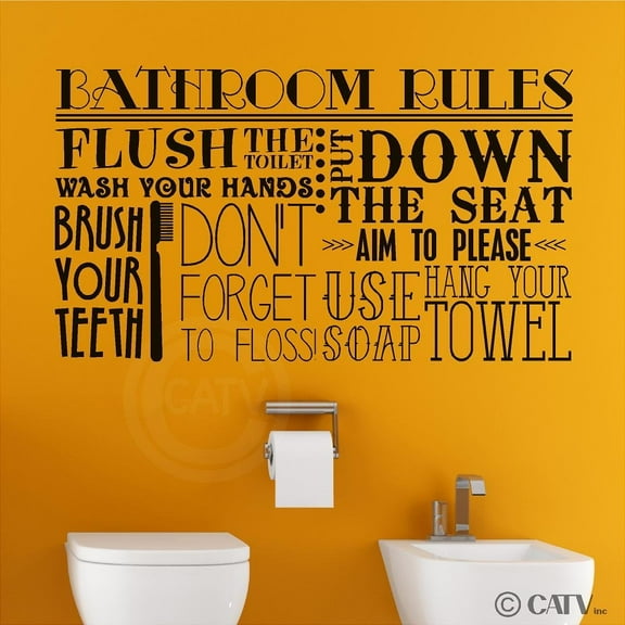 Bathroom Rules Subway Collage Vinyl Lettering Wall Decal Sticker (12.5"H x 22"L, Black)
