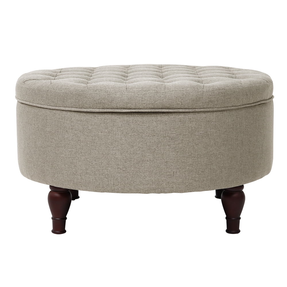 Abble 32" Beige Fabric Upholstered Buttons Tufted Round Storage Cocktail Ottoman