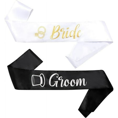 Hintazo Bride & Groom Sash Set, White & Black Bachelorette Party Sash