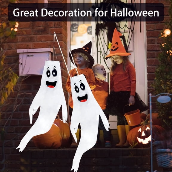 2Pack 43in Halloween Ghost Windsocks Hanging Decorations - Flag Wind Socks for Home Yard Outdoor Decor Party Supplies