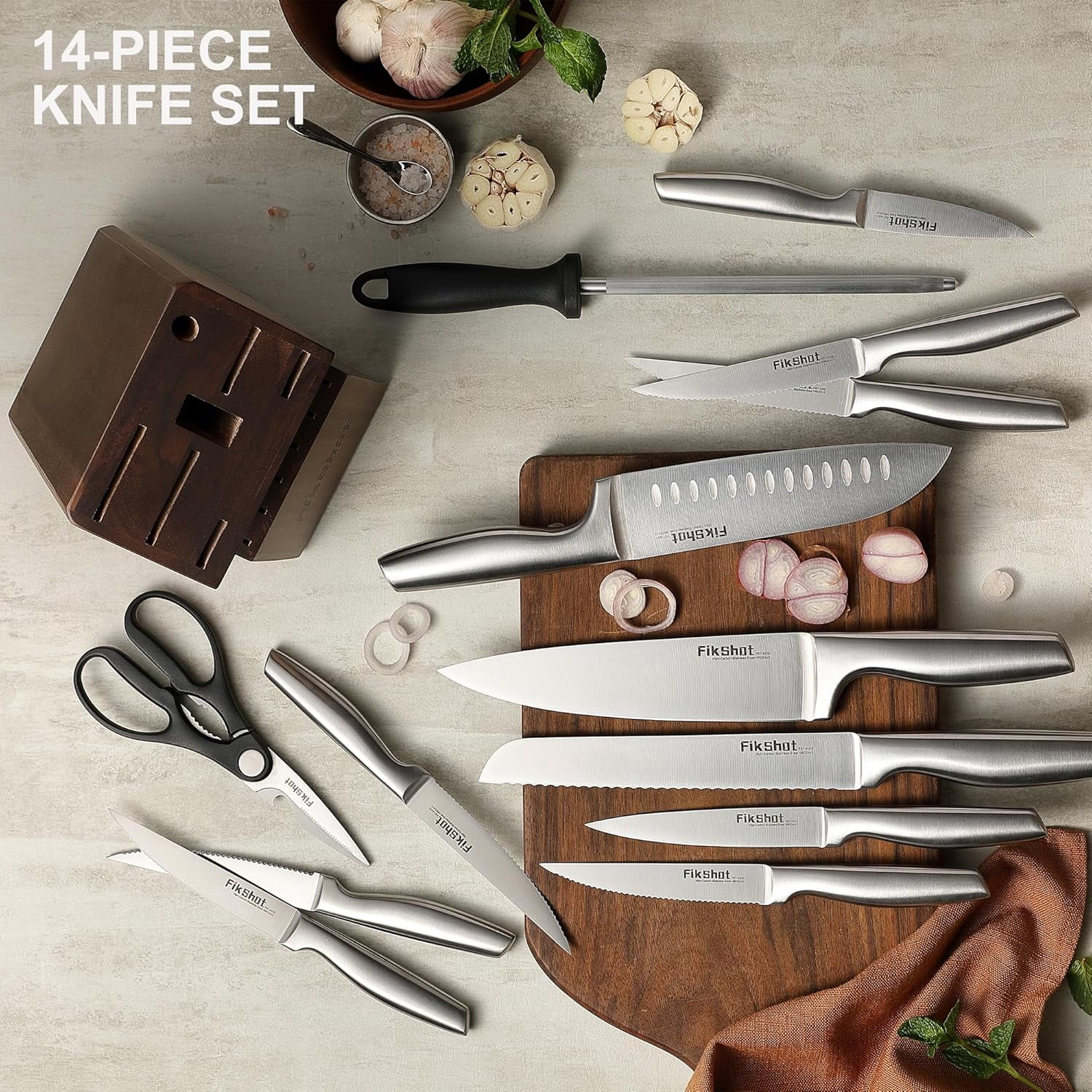 Knife Block Set, Kitchen Knife Sets with Block, FIKSHOT Knives Set for Kitchen - - Santoku Knife, Fruit and Kitchen Sets - Rust Resistant for Homecooks (Silver + Walnut)