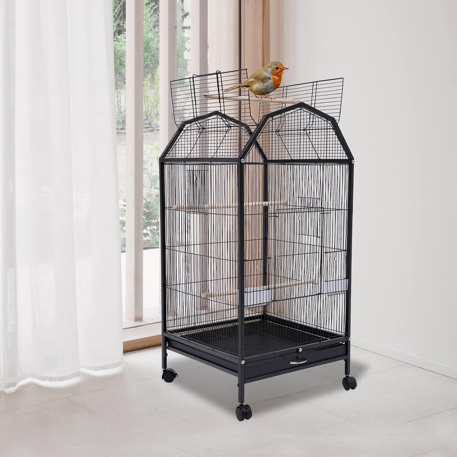 Parakeet Bird Cage with Stand, 39.9H Inch Large Bird Cages with 4 Universal Wheels and 2 Feeding Cups,Finch Bird Pet Bird Flight Cages,for Cockatiel Conure Macaw Budgie
