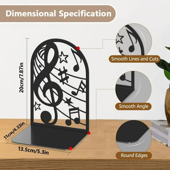 2pcs Music Book Ends Metal Heavy Duty Book Shelf Holders Music Notes Large Bookends for Shelf Decor for Office Home Library Modern Geometric Black