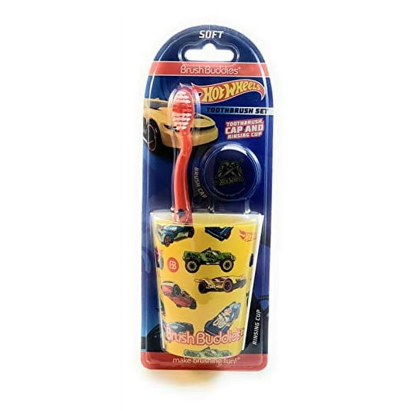 Boys Hot Wheels Cars Toothbrush Blue w/ Cap and Rinsing Cup 3-Piece Set