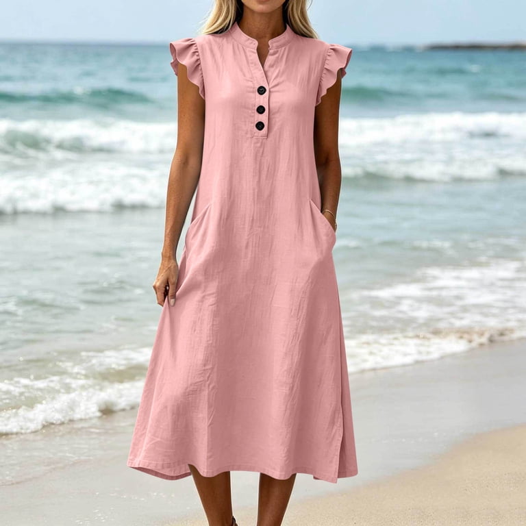 Waguth Cotton Linen Midi Dress for Women Ruffle Cap Sleeve Henley Neck Casual Loose Shift Dresses with Side Pockets, Women's, Size: 2XL