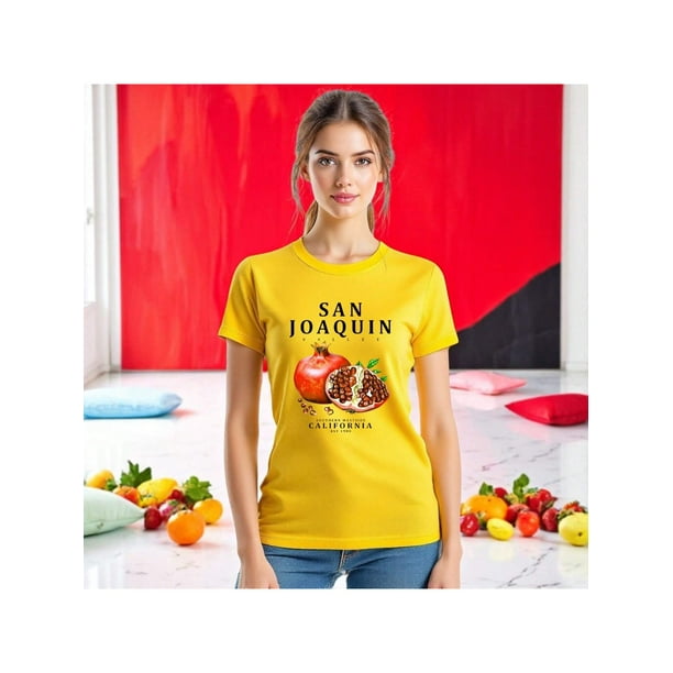 Playera Frutal Granadas San Joaquin Valley – Estilo Fresco con Sabor a Granada Ropa Para Mujer Color Amarillo Talla Grande Marca Emil SaEs