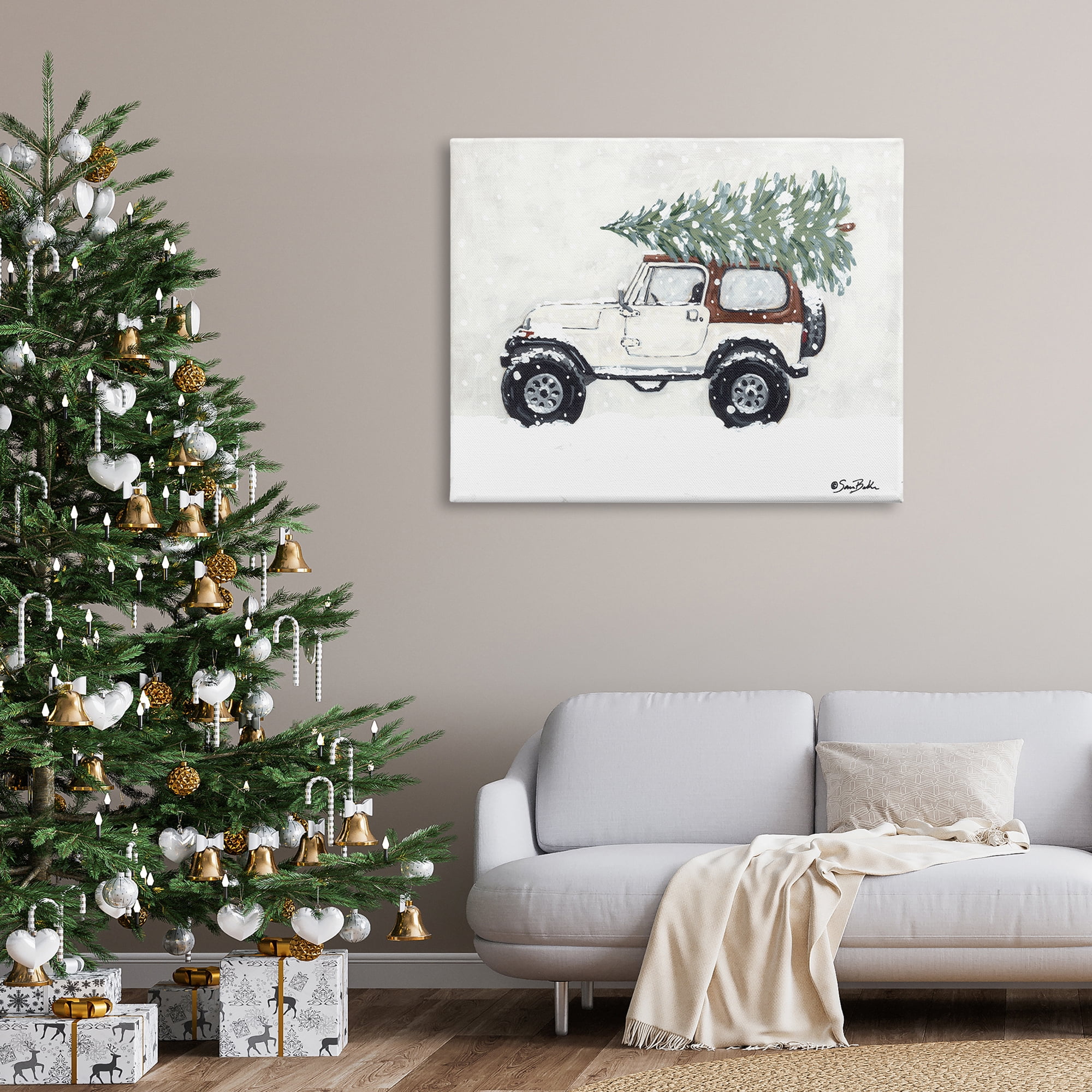 Snowy White Truck Carrying Fresh Christmas Tree Transportation Painting Gallery-Wrapped Canvas Print Wall Art