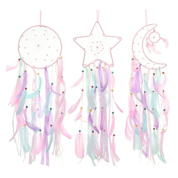 28" Moon Sun Star Dream Catchers Set, Feather Handmade Dream Catchers,Pink