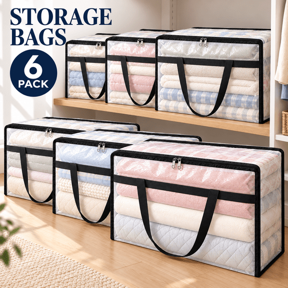 OZERA 6 Pack Clear 60L Storage Bags for Comforter Clothes Bedding, Zipper & Handle Plastic Blanket Storage, Foldable Moving Bags, Closet & Under‑Bed Storage Organizer Containers