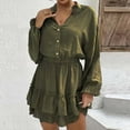thumbnail image 6 of Women's Casual Long Sleeve Dress Trendy V Neck Buttons Ruffle Mini Dress Elastic Waist Solid Swing Short Dress, 6 of 8