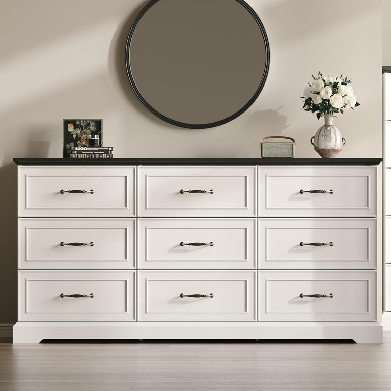 9 drawer white dresser Chvans Drawers with Charging Station, 63 inch Long Modern Dresser with 9 Drawers for Bedroom, Large Wood Chest of Drawers Handle Free including 2 sockets Modern White 9 Drawer Dresser