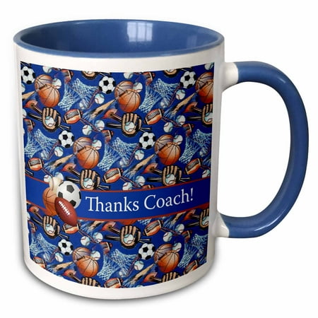 Thanks Coach Baseball 3dRose Thank you Coach, Baseballs, Footballs, Soccer, Gloves, Basketballs - Two Tone Blue Mug, 11-ounce ()