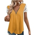 thumbnail image 2 of Wycnly Womens Blouses and Tops Dressy Sexy Lace Patchwork Sleeve Lightweight Quarter Zipper Tunic Shirts Summer Solid V-Neck Short Sleeve Cute Tees Tops Orange l, 2 of 6