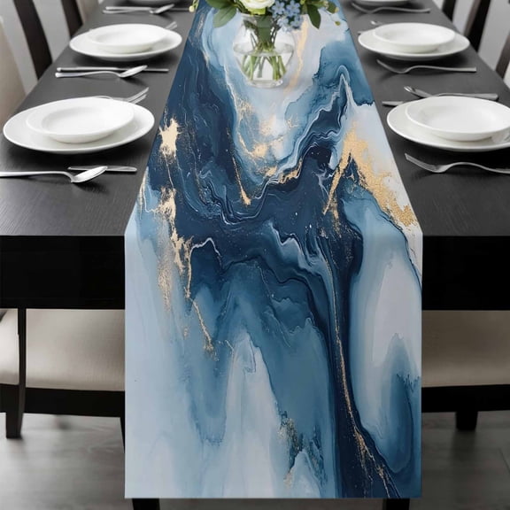 Navy Blue Marble Table Runner 72 Inches Long, Modern Abstract Ink Painting Kitchen Coffee Dining Table Decoration for Home Party Birthday Wedding Home Decor 14x72 Inches