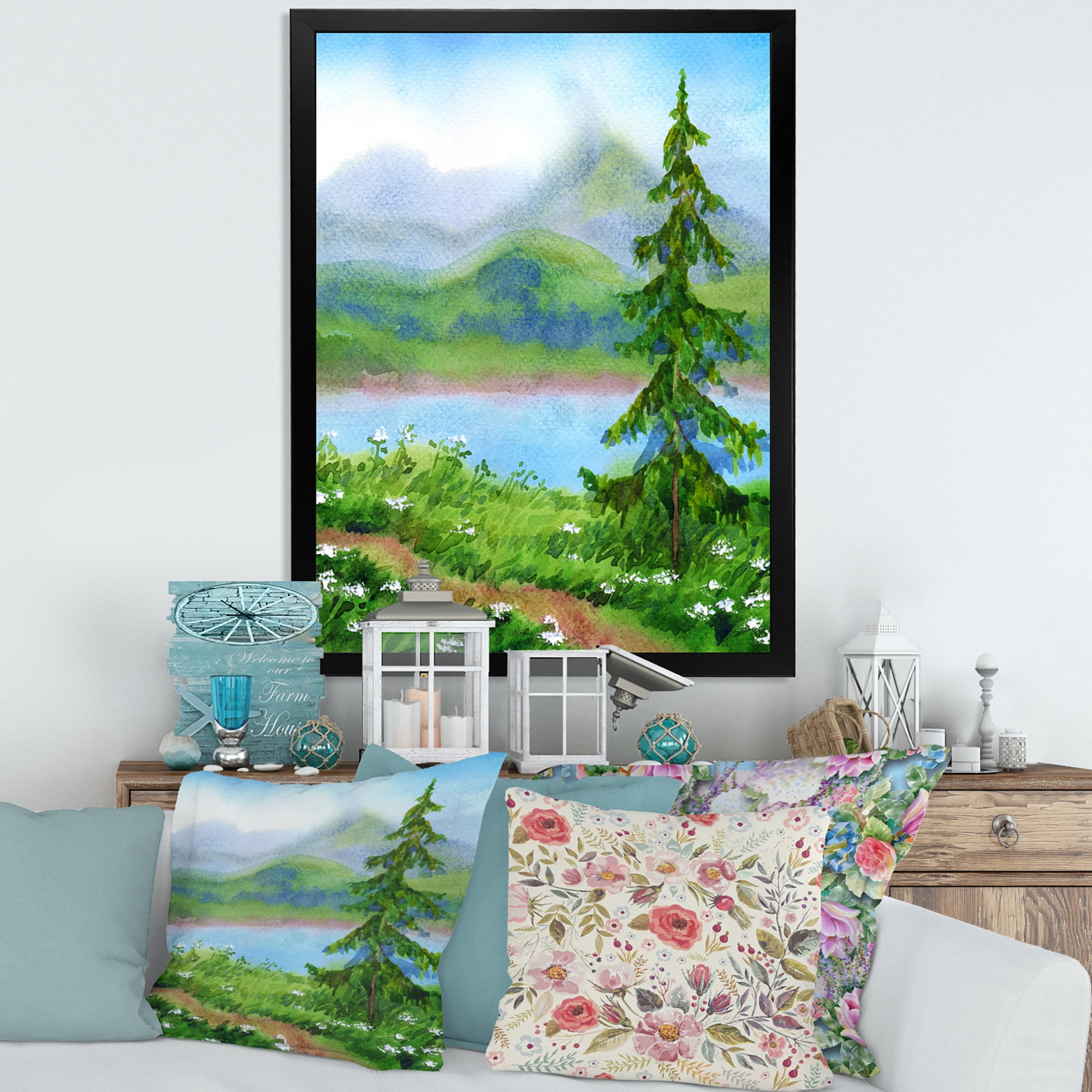Designart 'Landscape River Spruce Near The Trail On A Hill' Traditional Framed Art Print