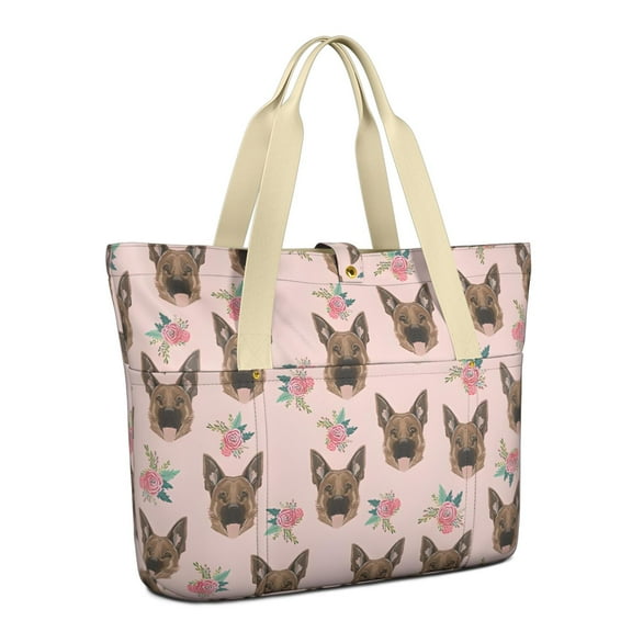 Tote Bag for Women - German Shepherd and Flowers Shoulder Bag - Large Utility Work Duffle Bag with Zipper Handbag for Travel, Work, Sprots