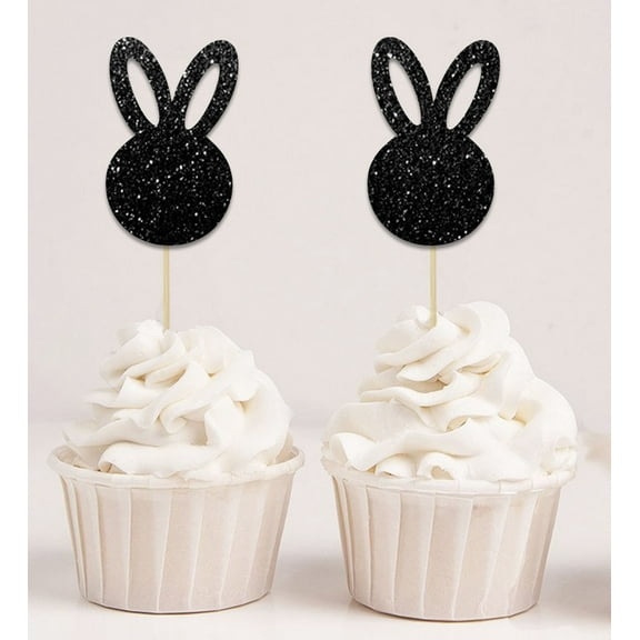 Darling Souvenir, Glitter Black Easter Bunny Rabbit Cupcake Toppers Dessert Decoration Cupcake Toppers - Pack Of 20