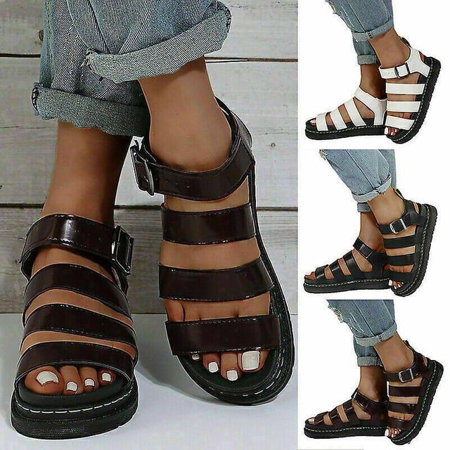 Zapatos de mujer, sandalias planas de estilo deportivo, hebilla de cinturón para mujer, suela gruesa, sandalias romanas planas de fondo suave para mujer # dyh506Black42