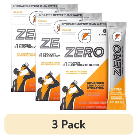 (3 pack) Gatorade Zero Sugar Orange, On the Go Packs, Electrolyte Powder Drink Mix, 0.12 oz, 8 Sticks