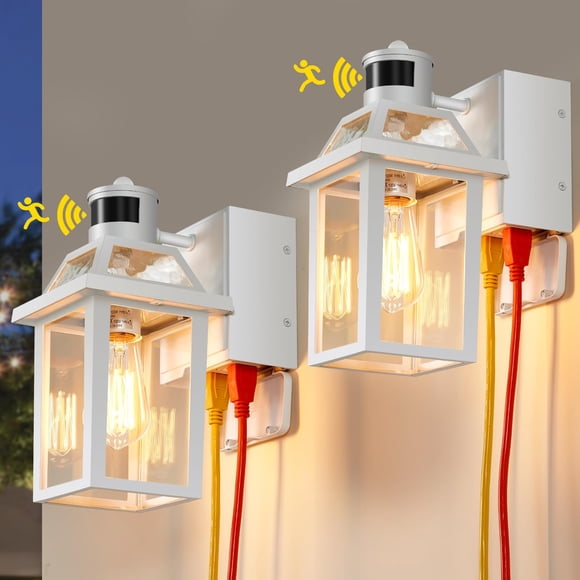 Luz para porche Yisuro con sensor de movimiento y toma GFCI, paquete de 2, blanca