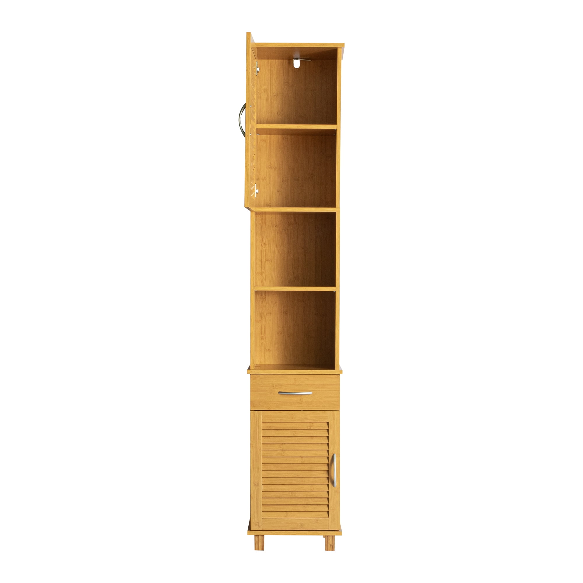Kadyn Bathroom Slim Linen Tower Storage with 2 Shutter Doors, Floor Cabinet Cupboard Free Standing Organizer for Bathroom, Bathroom Storage Cabinet with Open Shelves, Brown