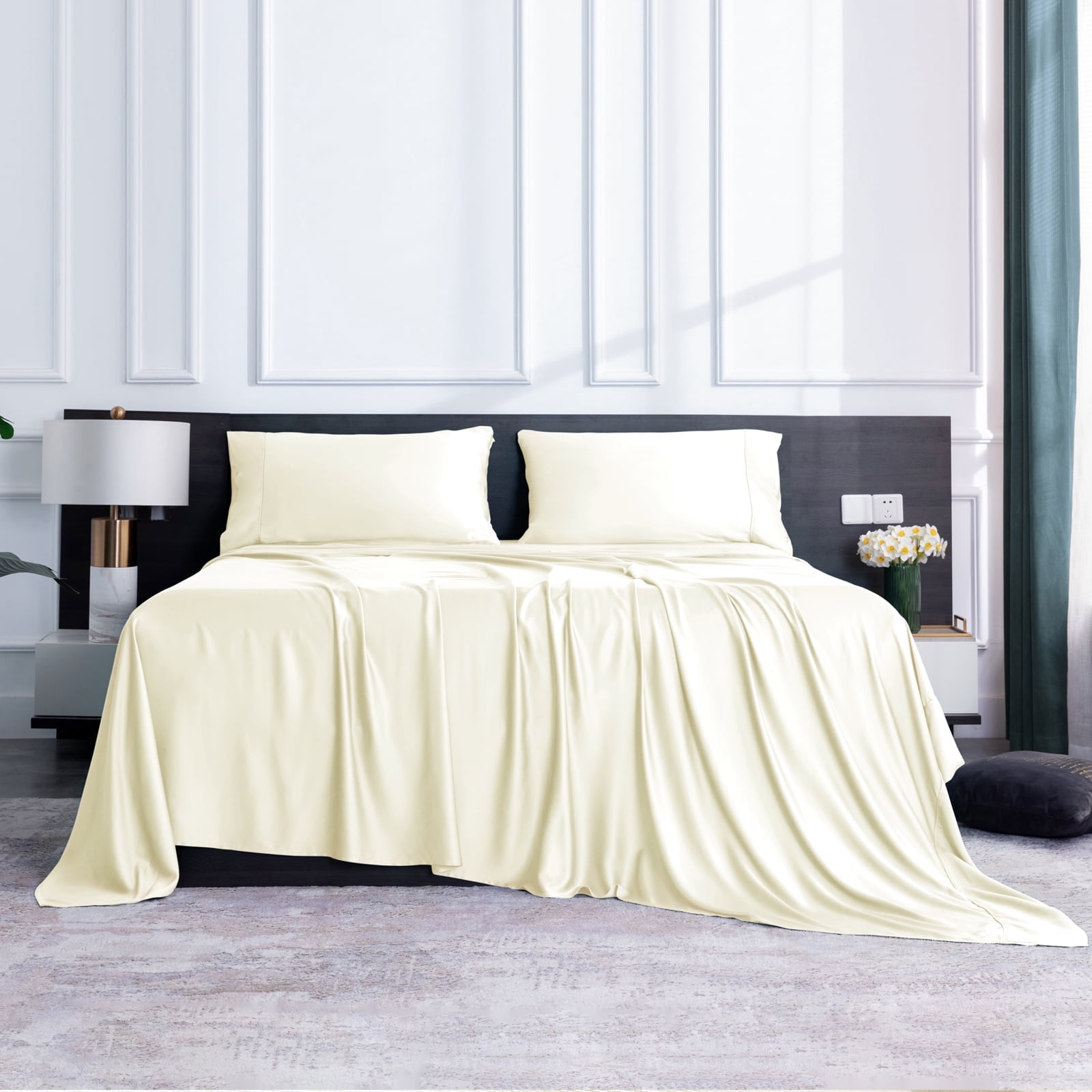 Lidoloka Luxury Bamboo Bed Sheets Set Queen 4 Pcs for Adult,Soft&Cool,16" Deep Pocket,Cream White