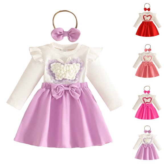 HJYCHN Girls Dresses Long Sleeve Bow Top and Skirt Two Piece Set with Headband for Toddler Dress 12-18 Months
