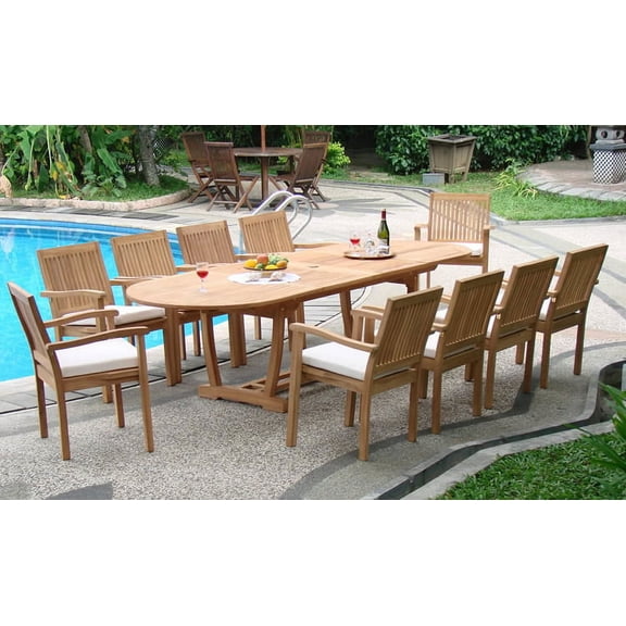 Teak Dining Set:10 Seater 11 Pc -117" Mas Oval Table (Trestle Leg) And 10 Stacking Leveb Arm Chairs Outdoor Patio Grade-A Teak Wood WholesaleTeak #WMDSLVe
