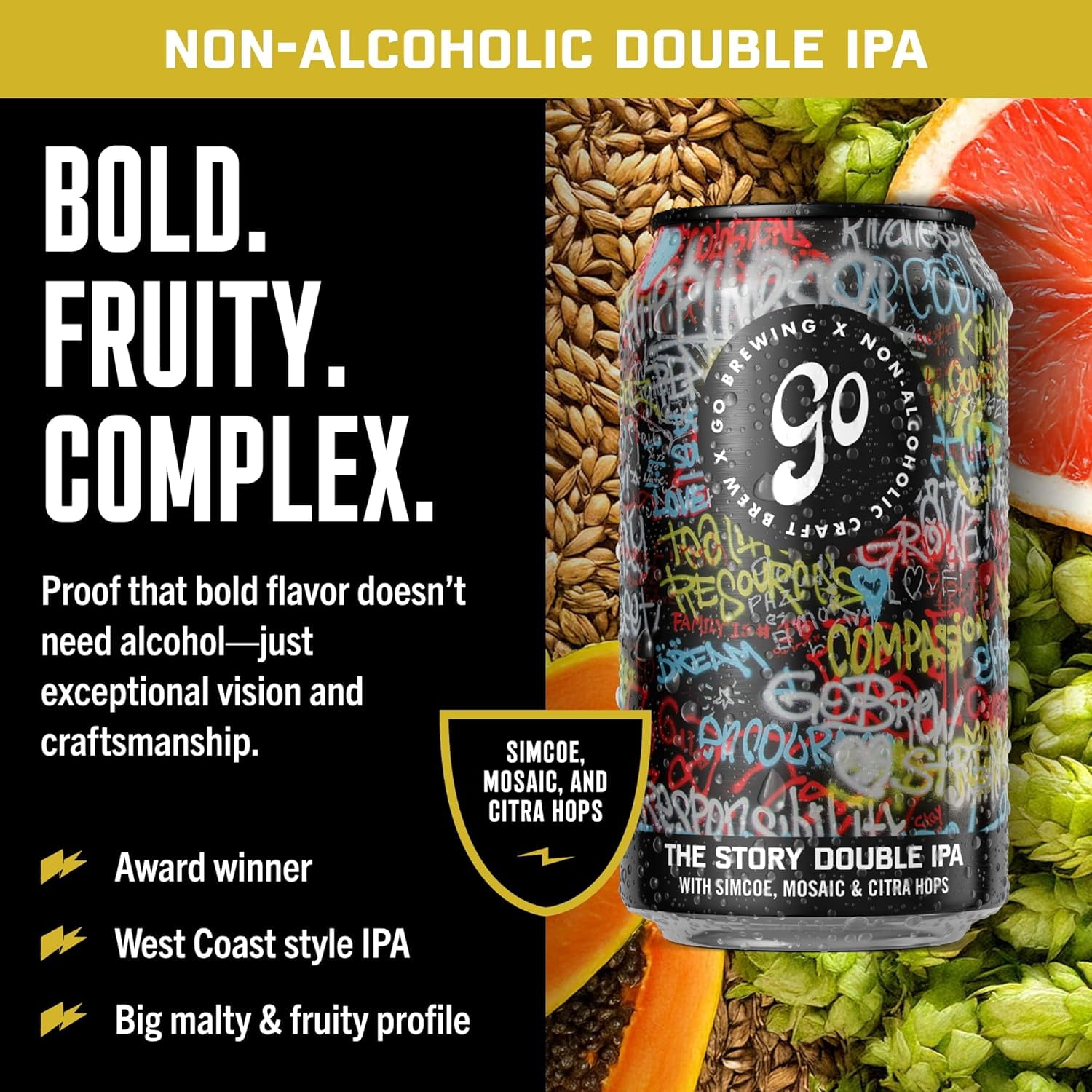 Go Brewing - Not Just Another Story Double IPA - Non-Alcoholic Craft Brew - Small Batch, Low-Calorie - Bold Grapefruit & Tropical Papaya Flavor - Smooth Finish, Classic Ingredients (12 Oz, 12 Cans)