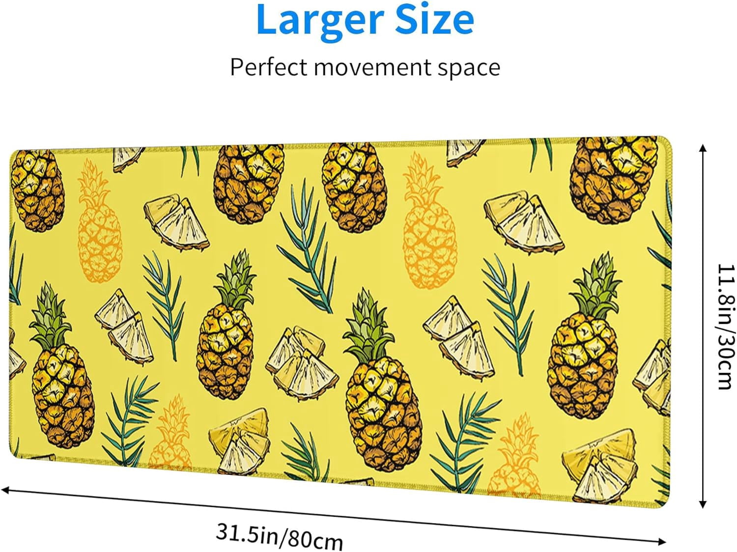Pineapple Extended Mouse Pad 31.5x12 Inch Tropical Fruit Pattern Cartoon Leaf Design Backdrop Modern Yellow Green Polyester Rubber Waterproof Decor Library Office Mousepad