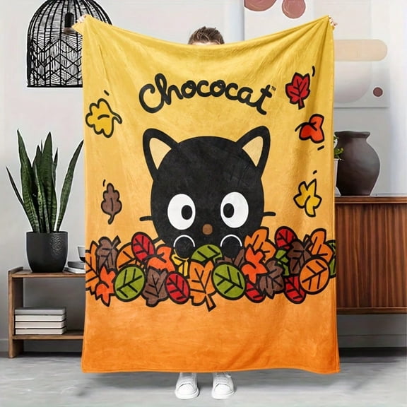 HELLOYOUNG Chococat Pattern Blanket Soft Plush Throw, High-Definition Digital Print Cute Black Cat Design Polyester Lightweight All-Season Use, Cozy Gift for Family Friends