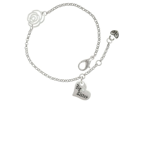 Delight Jewelry Silvertone Small ''Big Sister'' Heart with Clear Crystal Silver-tone Rose Link Chain Bracelet, 6.25" 1.75" Extender