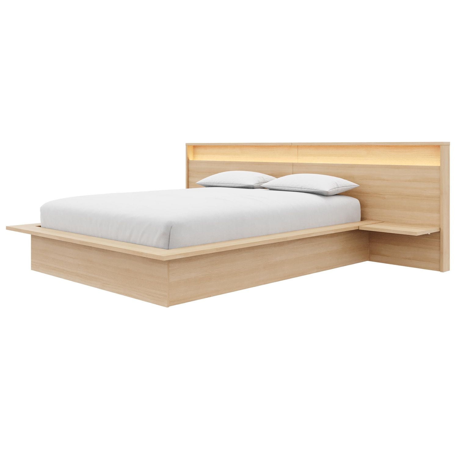 Monroe Queen Size Bedroom Set with Slatted Bedframe, Wide Headboard with Lights and Shelves