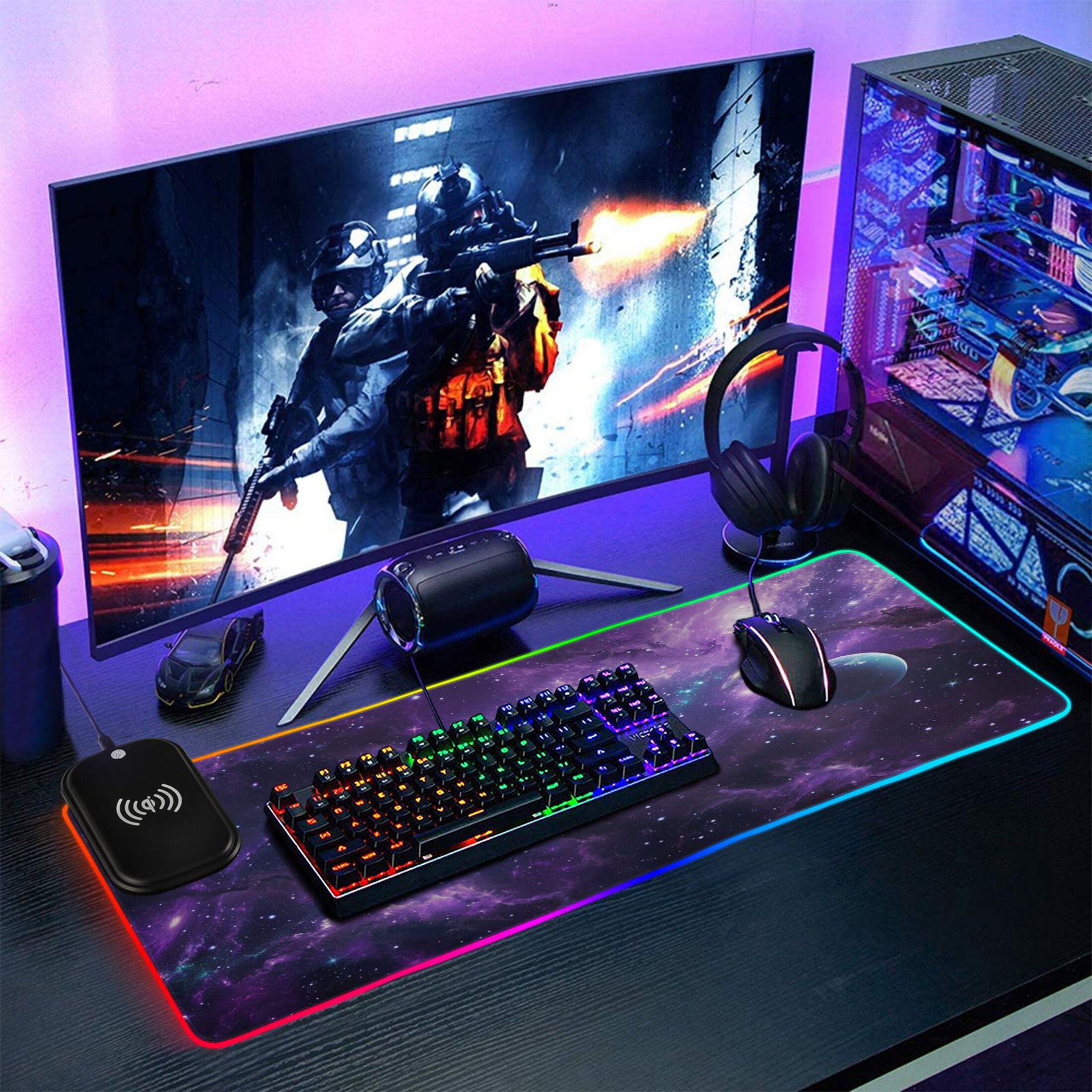 Wireless Charging Mouse Pad Large RGB Gaming Desk Mat 13 Light Modes Mousepad 31.5x11.8 Nebula and Planet