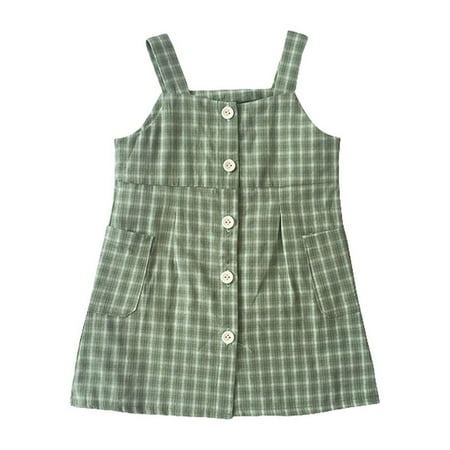 

HTGFGMGW Flower Girl Dress Child Kid Baby Girl Plaid Printed Sling Princess Sleeveless Dress Skirt Clothes Girls Dress Green