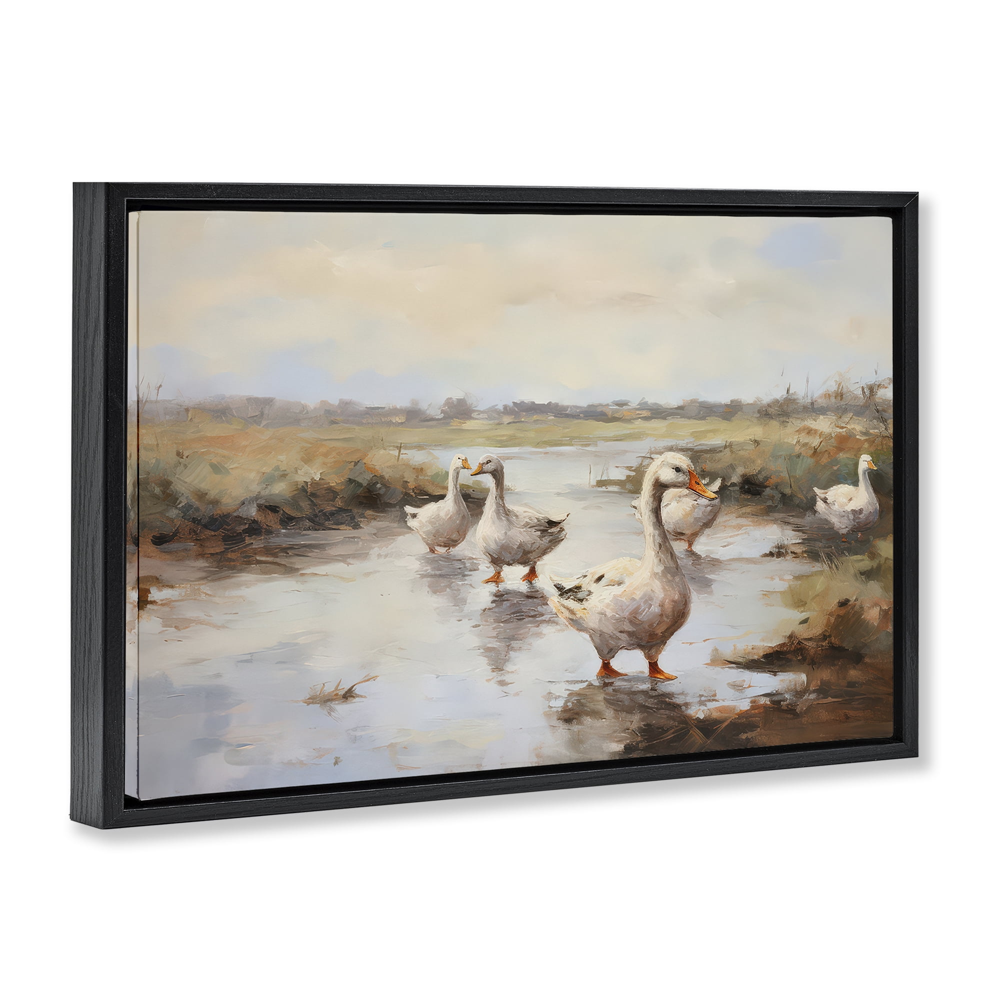 Stupell Industries Swan Family Traditional Pond Landscape & Nature Painting Black Floater Framed Canvas Art Print Wall Art, 25 x 17