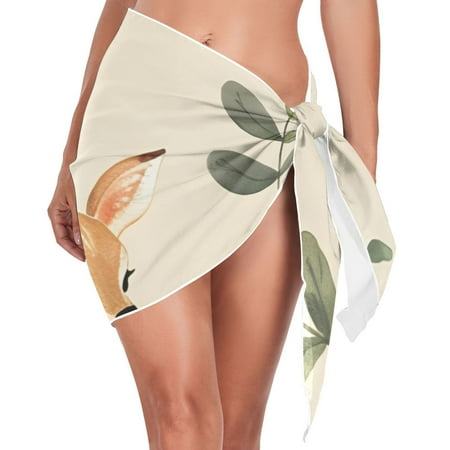Baby Deer and Green Leaves Women Coverups Beach Cover Up Chiffon Swimsuit Bikini Wrap Short Skirt Beach Slit Tie Waist