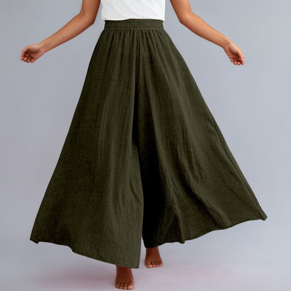 BUWTTER Womens Pants Casual Wide Leg Palazzo Elastic Waist Flowy Boho Linen Blend Comfortable Trousers Womens Slacks for Work Army Green M