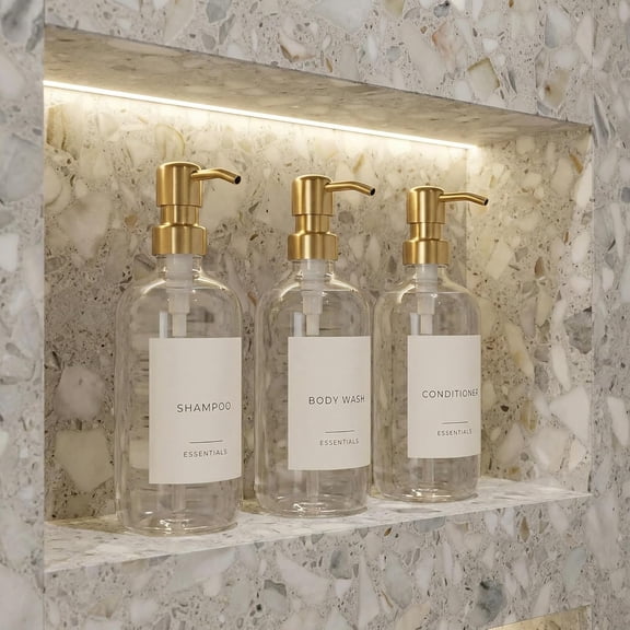 Stylish Shampoo and Conditioner Dispenser Set of 3 - Modern 21oz Shower Soap Bottles with Pump Labels Easy to Refill Body Wash Dispensers for an Instant Bathroom Decor Upgrade Clear