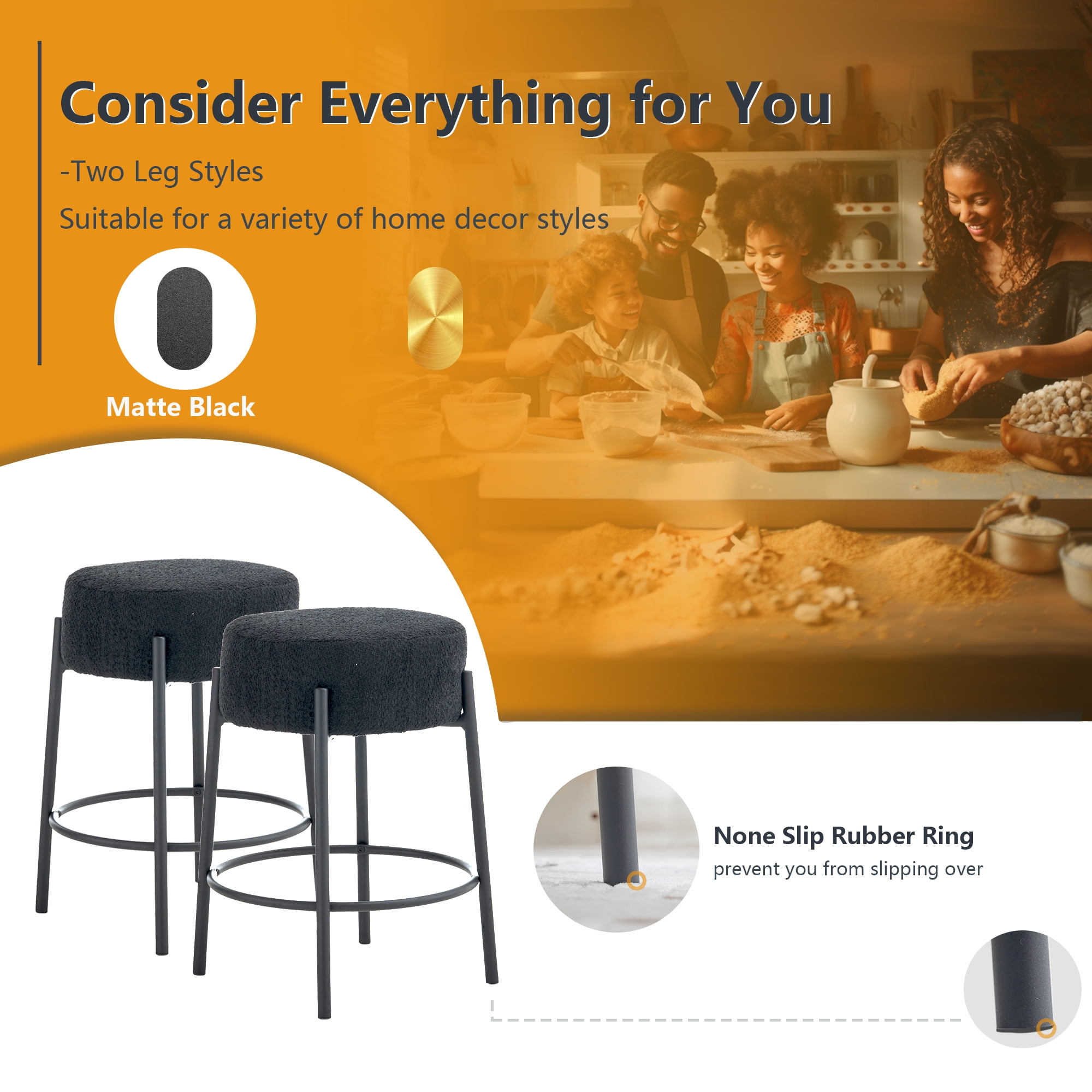 Miniyam Counter Height Bar Stools Set of 2,Boucle Kitchen Stools Upholstered Dining Chair Stools 24 Inch Height,Black